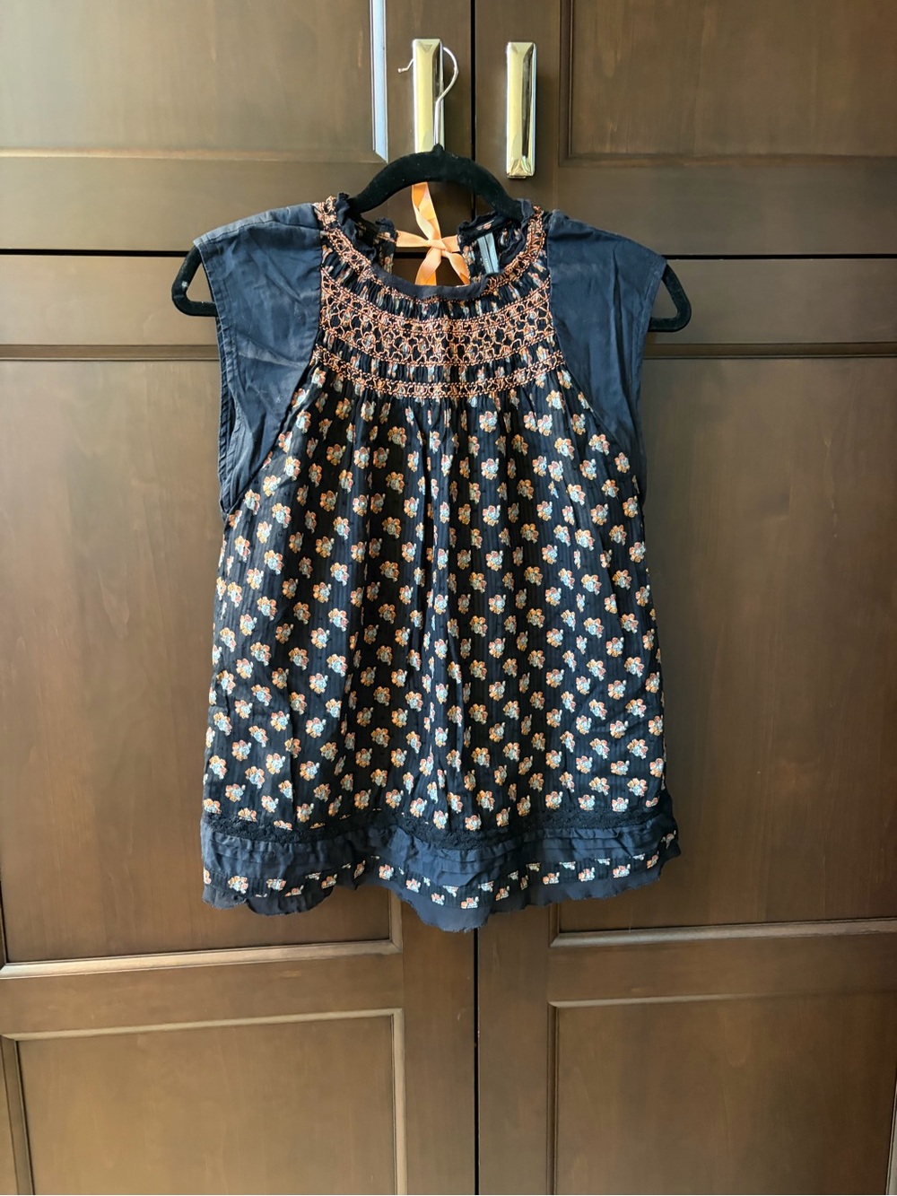 Anthropologie Navy Floral Smocked Yoke Blouse